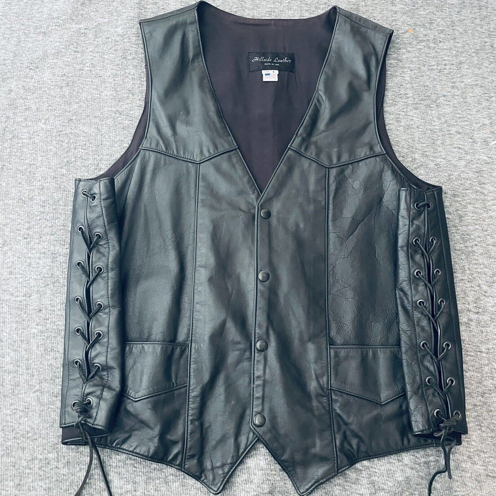 Hillside Leather Vest Sz 58 Snap Front Lace Side USA MadeMotorcycle Moto Cruiser